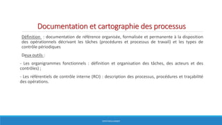 Documentation et cartographie des processus
Définition : documentation de référence organisée, formalisée et permanente à la disposition
des opérationnels décrivant les tâches (procédures et processus de travail) et les types de
contrôle périodiques
Deux outils :
- Les organigrammes fonctionnels : définition et organisation des tâches, des acteurs et des
contrôles) ;
- Les référentiels de contrôle interne (RCI) : description des processus, procédures et traçabilité
des opérations.
HERVÉ BOULLANGER
 