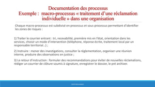 Documentation des processus
Exemple : macro-processus « traitement d’une réclamation
individuelle » dans une organisation
Chaque macro-processus est subdivisé en processus et sous-processus permettant d’identifier
les zones de risques :
1) Traiter le courrier entrant : tri, recevabilité, première mis en l’état, orientation dans les
services, choisir un mode d’intervention (téléphone, réponse écrite, traitement local par un
responsable territorial…) ;
2) Instruire : mener des investigations, consulter la réglementation, organiser une réunion
interne, produire des observations en justice ;
3) Le retour d’instruction : formuler des recommandations pour éviter de nouvelles réclamations,
rédiger un courrier de clôture soumis à signature, enregistrer le dossier, le pré archiver.
HERVÉ BOULLANGER
 