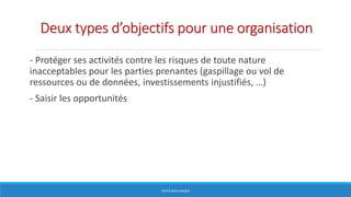 Deux types d’objectifs pour une organisation
- Protéger ses activités contre les risques de toute nature
inacceptables pour les parties prenantes (gaspillage ou vol de
ressources ou de données, investissements injustifiés, …)
- Saisir les opportunités
HERVÉ BOULLANGER
 