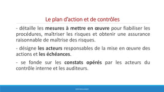 Le plan d’action et de contrôles
- détaille les mesures à mettre en œuvre pour fiabiliser les
procédures, maîtriser les risques et obtenir une assurance
raisonnable de maîtrise des risques.
- désigne les acteurs responsables de la mise en œuvre des
actions et les échéances.
- se fonde sur les constats opérés par les acteurs du
contrôle interne et les auditeurs.
HERVÉ BOULLANGER
 