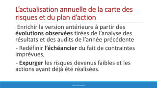 L’actualisation annuelle de la carte des
risques et du plan d’action
- Enrichir la version antérieure à partir des
évolutions observées tirées de l’analyse des
résultats et des audits de l’année précédente
- Redéfinir l’échéancier du fait de contraintes
imprévues,
- Expurger les risques devenus faibles et les
actions ayant déjà été réalisées.
HERVÉ BOULLANGER
 