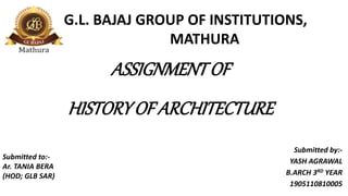 ASSIGNMENTOF
HISTORYOF ARCHITECTURE
Submitted by:-
YASH AGRAWAL
B.ARCH 3RD YEAR
1905110810005
G.L. BAJAJ GROUP OF INSTITUTIONS,
MATHURA
Submitted to:-
Ar. TANIA BERA
(HOD; GLB SAR)
 