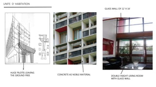 HUGE PILOTIS LEAVING
THE GROUND FREE DOUBLE HEIGHT LIVING ROOM
WITH GLASS WALL
GLASS WALL OF 12’ X 16’
CONCRETE AS NOBLE MATERIAL
UNITE D’ HABITATION
 