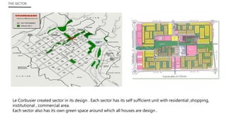 Le Corbusier created sector in its design . Each sector has its self sufficient unit with residential ,shopping,
institutional , commercial area.
Each sector also has its own green space around which all houses are design .
THE SECTOR
 
