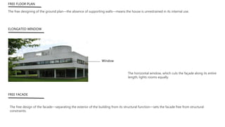 FREE FLOOR PLAN
The free designing of the ground plan—the absence of supporting walls—means the house is unrestrained in its internal use.
ELONGATED WINDOW
Window
The horizontal window, which cuts the façade along its entire
length, lights rooms equally.
FREE FACADE
The free design of the facade—separating the exterior of the building from its structural function—sets the facade free from structural
constraints.
 