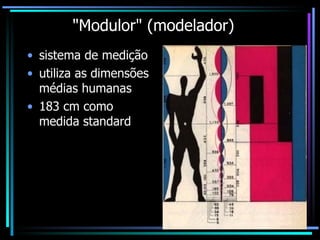"Modulor" (modelador) sistema de medição utiliza as dimensões médias humanas 183 cm como medida standard 