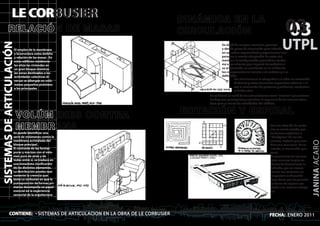 LE CORBUSIER
            RELACIÓN DE MASAS
                                                                                DINÁMICA EN LA
                                                                                CIRCULACIÓN                                               03
                                                                                                                                          03
                                                                                                                                        UTPL
SISTEMAS DE ARTICULACIÓN


                                                                                             Se sirvió de rampas, escaleras ,puentes
                      El empleo de la membrana                                               y demás pasos de circulación para infundir
                      y la esructura como ámbito                                             en sus obras expresividad y experiencias ines-
                      y relación de las masas . En                                           peradas; la exacta adaptación de estos ele-
                      estos edificios residencia-                                            mentos a la configuración geométrica confor-
                      les sitúa las viviendas en                                             me a los criterios que imponía Le corbusier a
                      un gran bloque mientras                                                su articulación, se manifiesta en la nitidez de
                      las zonas destinadas a las                                             los componentes en cuanto a su carácter y a su
                      actividades colectivas di-                                             definición.
                      versas se albergan en volú-                                                     Las circulaciones le otorgaban a la obra un contenido
                      menes pequeños próximos                                                         dinámico y estos elementos expresivos ordenan a la
                      a los principales                                                               vez la circulación de peatones y vehículos, conducían
                                                                                                      el fluido vital.
                                                                                     Le corbusier se valió de las articulaciones como “arterias” que enlazan
                                                                                     los órganos principales y a plantear el esquema de las mismas como
                                                                                     base para el marco de actividades del edificio.



                           VOLÚMENES CONTRA                                     ROTACIÓN Y ESPIRAL
                           MEMBRANA
                     Se puede identificar una
                                                                                                                                Tras los años 20 Le corbu-
                                                                                                                                sier se siente atraído por
                                                                                                                                las formas orgánicas o
                     serie de volúmenes contra la                                                                               “biológicas” de los ele-
                     membrana acristalada del                                                                                   mentos, materia que com-




                                                                                                                                                               JANINAIACARO
                     bloque principal.                                                                                          bina con otro tema de su
                     El contraste de las formas                                                                                 interés, la circulación pea-
                     puras y macizas con el volu-                                                                               tonal.
                     men puro de atrás y de                                                                                     El crecimiento de los cara-
                     todos entre sí, se traduce en                                                                              coles marinos inspira su
                     una inmediata clasificación                                                                                Museo de Crecimiento in-
                     de los distintos elementos.                                                                                definido, por un acceso
                     La distribución prueba nue-                                                                                central los visitantes se
                     vamente la creencia que                                                                                    desplazan en dirección
                     tenía Le corbusier en que la                                                                               hacia fuera por las galerías
                     yuxtaposición de formas pri-                                                                               en forma de espiral aco-
                     marias desempeña un papel                                                                                  plado a un sistema ortogo-
                     esencial en la experiencia                                                                                 nal
                     sensorial de la arquitectura




              CONTIENE: - SISTEMAS DE ARTICULACION EN LA OBRA DE LE CORBUSIER                                                  FECHA: ENERO 2011
 
