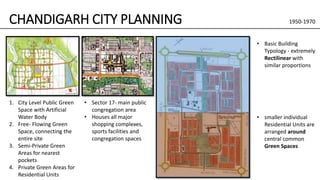 CHANDIGARH CITY PLANNING
1. City Level Public Green
Space with Artificial
Water Body
2. Free- Flowing Green
Space, connecting the
entire site
3. Semi-Private Green
Areas for nearest
pockets
4. Private Green Areas for
Residential Units
• Sector 17- main public
congregation area
• Houses all major
shopping complexes,
sports facilities and
congregation spaces
• Basic Building
Typology - extremely
Rectilinear with
similar proportions
• smaller individual
Residential Units are
arranged around
central common
Green Spaces
1950-1970
 