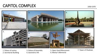 CAPITOL COMPLEX
1.
2.
3.
4. 5.
6.
1. Palace of Justice
2. Secretariat Building
7.
3. Palace of Assembly
4. Geometric Hill
5. Open Hand Monument
6. Martyr’s Memorial
7. Tower of Shadows
1950-1970
 
