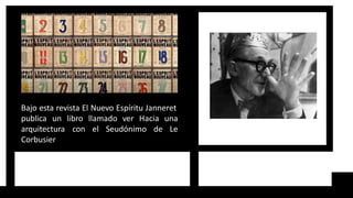 Bajo esta revista El Nuevo Espíritu Janneret
libro llamado ver Hacia una
con el Seudónimo de Le
publica un
arquitectura
Corbusier
 