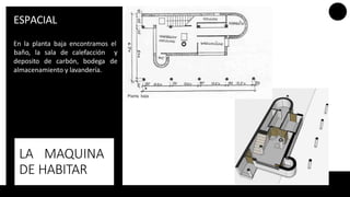 LA MAQUINA
DE HABITAR
En la planta baja encontramos el
deposito de carbón, bodega
baño, la sala de calefacción y
de
almacenamiento y lavandería.
ESPACIAL
 