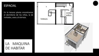 LA MAQUINA
DE HABITAR
En la tercera planta encontramos
el dormitorio de los niños, la de
invitados, aseo y la terraza.
ESPACIAL
 