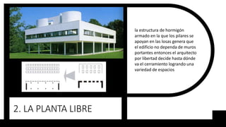 2. LA PLANTA LIBRE
la estructura de hormigón
armado en la que los pilares se
apoyan en las losas genera que
el edificio no dependa de muros
portantes entonces el arquitecto
por libertad decide hasta dónde
va el cerramiento logrando una
variedad de espacios
 