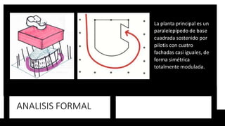 ANALISIS FORMAL
La planta principal es un
paralelepípedo de base
cuadrada sostenido por
pilotis con cuatro
fachadas casi iguales, de
forma simétrica
totalmente modulada.
 