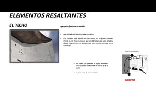ELEMENTOS RESALTANTES
agrupalasfuncionesdeservicio:
• unaentradasecundariayunasescaleras.
• Ese carácter más privado se caracteriza por su forma convexa.
Frente a ella hay un espacio que es delimitado por unos árboles,
donde originalmente se ubicaba una torre campanario que no se
construyó.
• dos capillas que flanquean el ingreso secundario:
am
bas dispuestas sim
étricam
ente en torno al eje de la
puerta.
• suform
a invita al acceso al interior.
INGRESO
INGRESOSEGUNDARIO
EL TECHO
 