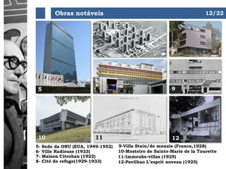 Obras notáveis
5
7
6- Ville Radieuse (1933)
8 9
10 11 12
5- Sede da ONU (EUA, 1949-1952)
7- Maison Citrohan (1922)
8- Cité de refuge(1929-1933)
9-Villa Stein/de monzie (Franca,1928)
10-Mosteiro de Sainte-Marie de la Tourette
11-Immeube-villas (1925)
12-Pavilhao L’esprit noveau (1925)
6
12/22
 