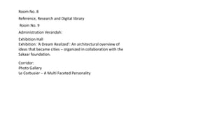 Room No. 8
Reference, Research and Digital library
Room No. 9
Administration Verandah:
Exhibition Hall
Exhibition: ‘A Dream Realized’: An architectural overview of
ideas that became cities – organized in collaboration with the
Sakaar foundation.
Corridor:
Photo Gallery
Le Corbusier – A Multi Faceted Personality
 