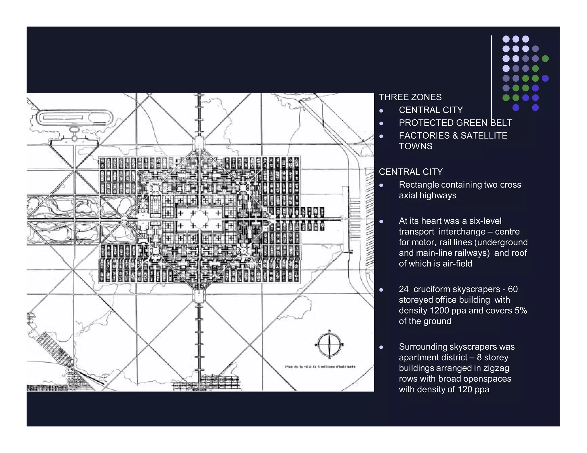 THREE ZONES
  CENTRAL CITY
  PROTECTED GREEN BELT
  FACTORIES & SATELLITE
   TOWNS

CENTRAL CITY
  Rectangle containing two cross
   axial highways

   At its heart was a six-level
    transport interchange – centre
    for motor, rail lines (underground
    and main-line railways) and roof
    of which is air-field

   24 cruciform skyscrapers - 60
    storeyed office building with
    density 1200 ppa and covers 5%
    of the ground

   Surrounding skyscrapers was
    apartment district – 8 storey
    buildings arranged in zigzag
    rows with broad openspaces
    with density of 120 ppa
 