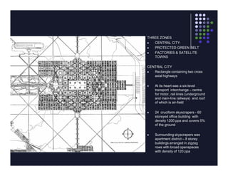 THREE ZONES
  CENTRAL CITY
  PROTECTED GREEN BELT
  FACTORIES & SATELLITE
   TOWNS

CENTRAL CITY
  Rectangle containing two cross
   axial highways

   At its heart was a six-level
    transport interchange – centre
    for motor, rail lines (underground
    and main-line railways) and roof
    of which is air-field

   24 cruciform skyscrapers - 60
    storeyed office building with
    density 1200 ppa and covers 5%
    of the ground

   Surrounding skyscrapers was
    apartment district – 8 storey
    buildings arranged in zigzag
    rows with broad openspaces
    with density of 120 ppa
 