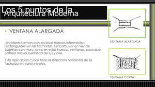 Los 5 puntos de la
 Arquitectura Moderna

• VENTANA ALARGADA

Los pilares forman con las losas huecos intermedios           VENTANA ALARGADA
rectangulares en las fachadas, Le Corbusier en vez de
cubrirlos con muro, creo en estos huecos ventanas, para que
entrara mayor cantidad de luz y aire.

Esta aplicación cubre toda la dirección horizontal de la
fachada en varios niveles.



                                                              VENTANA CORTA
 