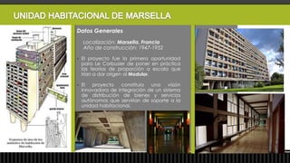 Datos Generales
    Localización: Marsella, Francia
    Año de construcción: 1947-1952

   El proyecto fue la primera oportunidad
    para Le Corbusier de poner en práctica
    las teorías de proporción a escala que
    irían a dar origen al Modulor.

   El  proyecto    constituía una     visión
    innovadora de integración de un sistema
    de distribución de bienes y servicios
    autónomos que servirían de soporte a la
    unidad habitacional.
 