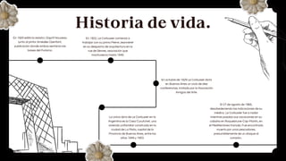 Historia de vida.
En 1920 editó la revista L'Esprit Nouveau
junto al pintor Amédée Ozenfant,
publicación donde ambos sentaron las
bases del Purismo.
En octubre de 1929 Le Corbusier dictó
en Buenos Aires un ciclo de diez
conferencias, invitado por la Asociación
Amigos del Arte.
La única obra de Le Corbusier en la
Argentina es la Casa Curutchet, una
vivienda unifamiliar construida en la
ciudad de La Plata, capital de la
Provincia de Buenos Aires, entre los
años 1949 y 1953.
El 27 de agosto de 1965,
desobedeciendo las indicaciones de su
médico, Le Corbusier fue a nadar
mientras pasaba sus vacaciones en su
cabaña en Roquebrune-Cap-Martin, en
el Mediterráneo francés. Fue encontrado
muerto por unos pescadores,
presumiblemente de un ataque al
corazón..
En 1922, Le Corbusier comenzó a
trabajar con su primo Pierre Jeanneret
en su despacho de arquitectura en la
rue de Sèvres, asociación que
mantuvieron hasta 1940.
 