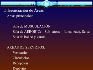 Diferenciación de Áreas
Areas principales:
Sala de MUSCULACIÓN
Sala de AEROBIC: Sub- areas : Localizada, Salsa.
Sala de boxeo y karate
AREAS DE SERVICIOS:
Vestuarios
Circulación
Recepción
Depósito
 