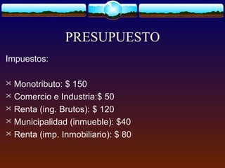 PRESUPUESTO
Impuestos:
 Monotributo: $ 150
 Comercio e Industria:$ 50
 Renta (ing. Brutos): $ 120
 Municipalidad (inmueble): $40
 Renta (imp. Inmobiliario): $ 80
 