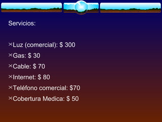 Servicios:
Luz (comercial): $ 300
Gas: $ 30
Cable: $ 70
Internet: $ 80
Teléfono comercial: $70
Cobertura Medica: $ 50
 