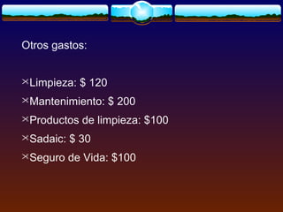Otros gastos:
Limpieza: $ 120
Mantenimiento: $ 200
Productos de limpieza: $100
Sadaic: $ 30
Seguro de Vida: $100
 