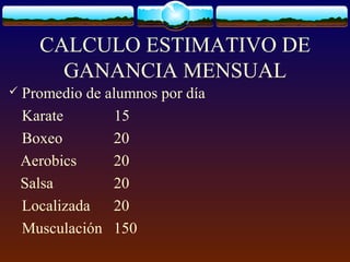 CALCULO ESTIMATIVO DE
GANANCIA MENSUAL
 Promedio de alumnos por día
Karate 15
Boxeo 20
Aerobics 20
Salsa 20
Localizada 20
Musculación 150
 