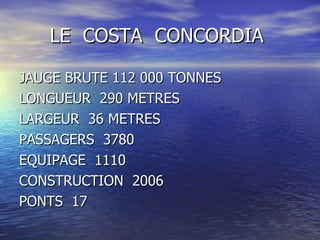 LE COSTA CONCORDIA

JAUGE BRUTE 112 000 TONNES
LONGUEUR 290 METRES
LARGEUR 36 METRES
PASSAGERS 3780
EQUIPAGE 1110
CONSTRUCTION 2006
PONTS 17
 