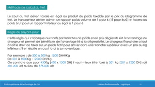 23
Méthode de calcul du fret
Le cout du fret aérien taxale est égal au produit du poids taxable par le prix du kilogramme de
fret. Le transporteur aérien admet un rapport poids volume de 1 pour 6 (1T pour 6M3) et taxera au
poids brut pour un rapport inferieur ou égal à 1 pour 6
Règle du payant-pour
Cette règle qui s’applique aux tarifs par tranches de poids et en prix dégressifs est à l’avantage du
chargeur et permet de bénéficier de l’avantage lié à la dégressivité. Le chargeur/Transitaire a tout
à fait le droit de taxer sur un poids fictif pour arriver dans une tranche supérieur avec un prix au Kg
inférieur s’il en résulte un cout total à son avantage.
Par exemple : de 300 à 500 kg :1500 DHH/Kg
De 501 à 1000Kg : 12OO DH/Kg
On constate que pour 450Kg (450 x 1500 DH) il vaut mieux être taxé à 501 Kg (501 x 1200 DH) soit
601.200 DH au lieu de 675.000 DH
Ecole supérieure de technologie de Fès Licence Professionnelle : Logistique
 