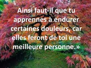 Ainsi faut-il que tu
apprennes à endurer
certaines douleurs, car
elles feront de toi une
meilleure personne.»
 