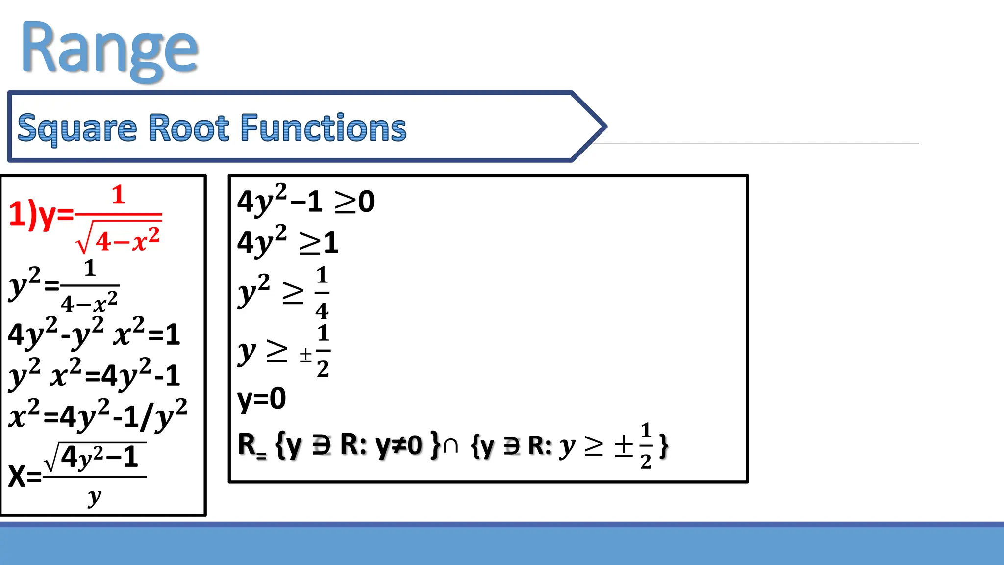 Range
1)y=
𝟏
𝟒−𝒙𝟐
𝒚𝟐
=
𝟏
𝟒−𝒙𝟐
4𝒚𝟐
-𝒚𝟐
𝒙𝟐
=1
𝒚𝟐
𝒙𝟐
=4𝒚𝟐
-1
𝒙𝟐
=4𝒚𝟐
-1/𝒚𝟐
X=
4𝒚𝟐−1
𝒚
4𝒚𝟐
−1 ≥0
4𝒚𝟐
≥1
𝒚𝟐
≥
𝟏
𝟒
𝒚 ≥ ±
𝟏
𝟐
y=0
R= {y ∈ R: y≠0 }∩ {y ∈ R: 𝒚 ≥ ±
𝟏
𝟐
}
 