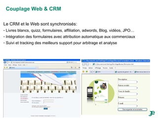 Le CRM et le Web sont synchronisés: Livres blancs, quizz, formulaires, affiliation, adwords, Blog, vidéos, JPO… Intégration des formulaires avec attribution automatique aux commerciaux Suivi et tracking des meilleurs support pour arbitrage et analyse Couplage Web & CRM 