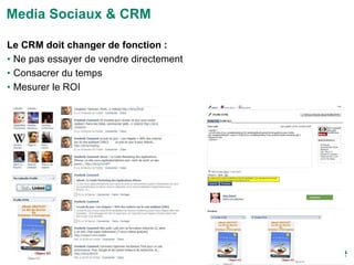 Le CRM doit changer de fonction :  Ne pas essayer de vendre directement Consacrer du temps Mesurer le ROI Media Sociaux & CRM 
