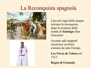 La Reconquista spagnola
I piccoli regni della spagna
iniziano la riconquista
dopo la scoperta della
tomba di Santiago (San
Giacomo)
Accanto agli spagnoli
accorrono cavalieri
cristiani da tutta Europa.
Las Navas de Tolosa nel
1212
Regno di Granada
 