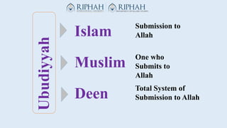 Muslim
Deen
Submission to
Allah
Total System of
Submission to Allah
Islam
One who
Submits to
Allah
Ubudiyyah
 