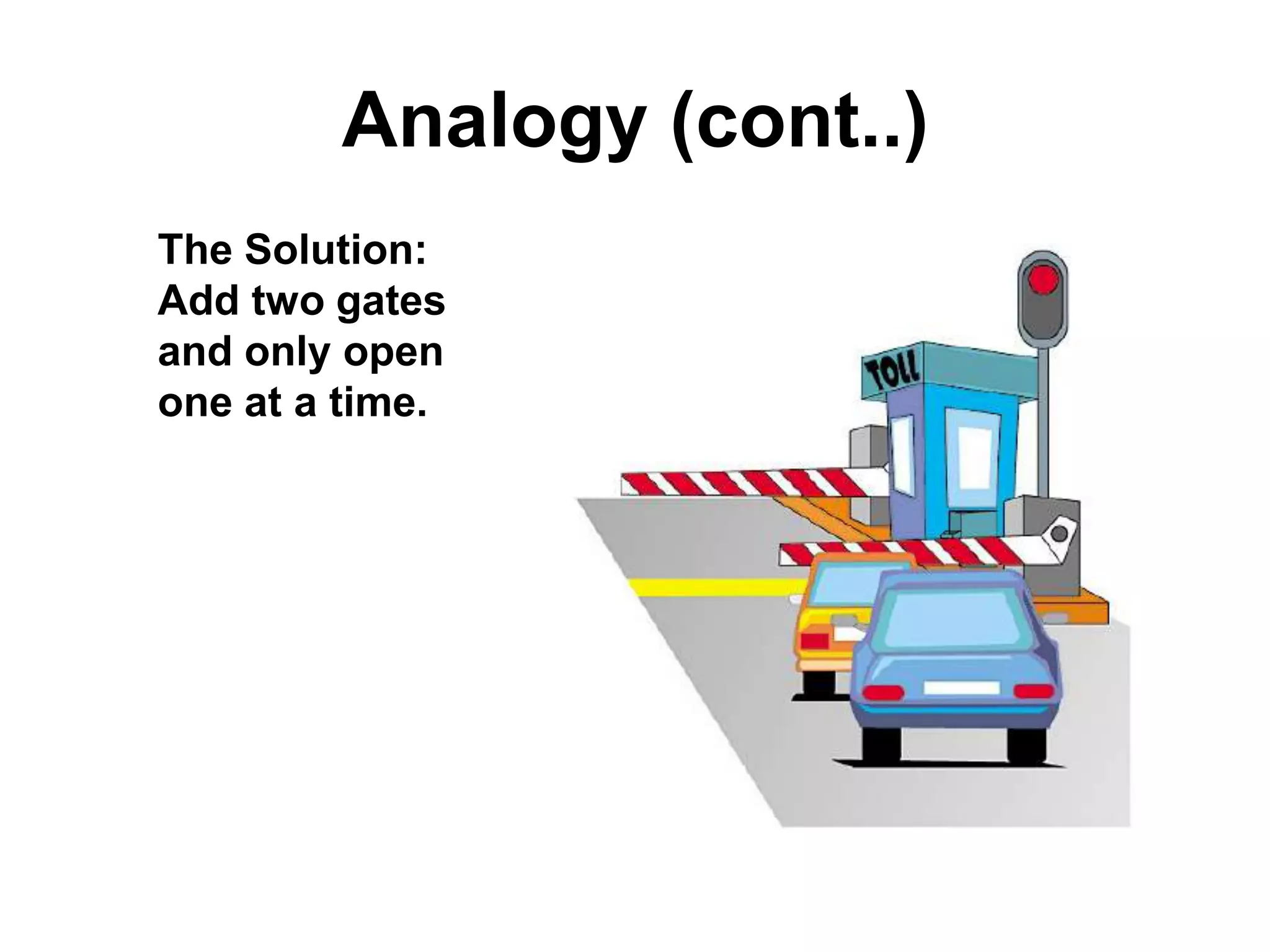 Analogy (cont..)
The Solution:
Add two gates
and only open
one at a time.

 