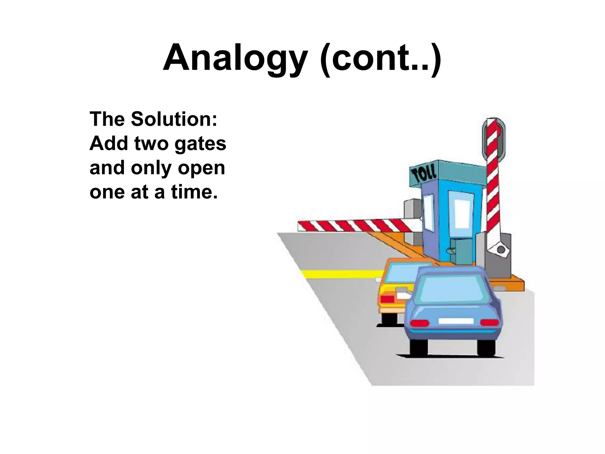 Analogy (cont..)
The Solution:
Add two gates
and only open
one at a time.

 