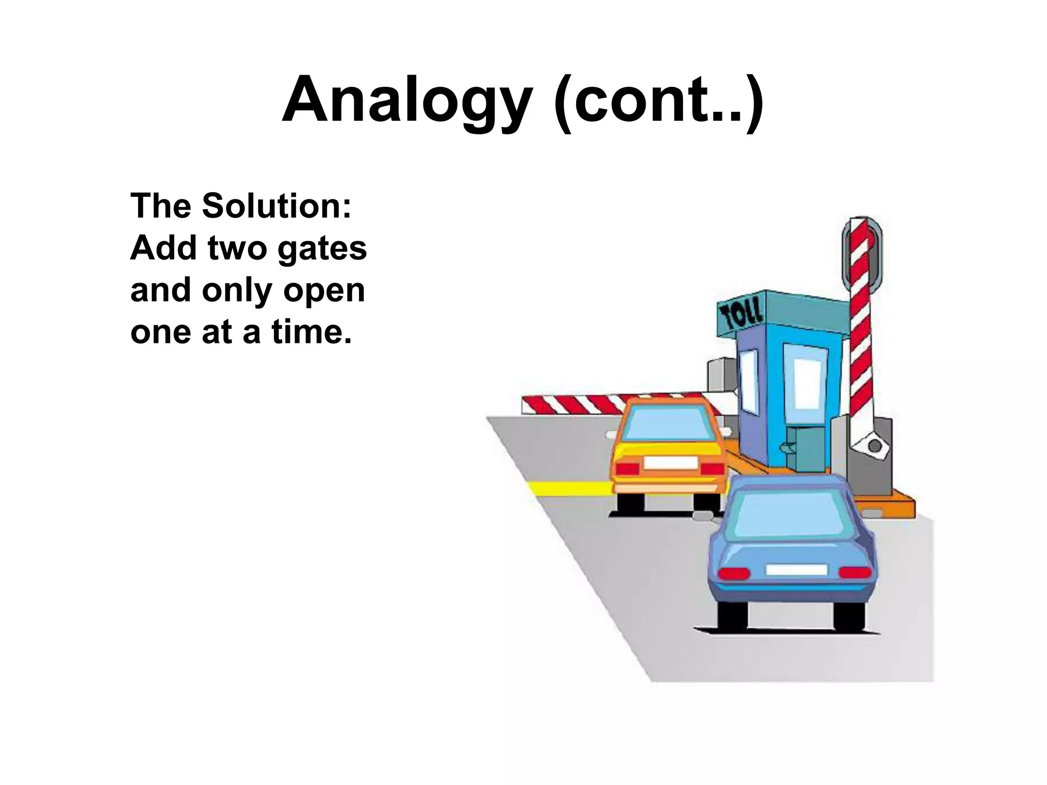 Analogy (cont..)
The Solution:
Add two gates
and only open
one at a time.

 