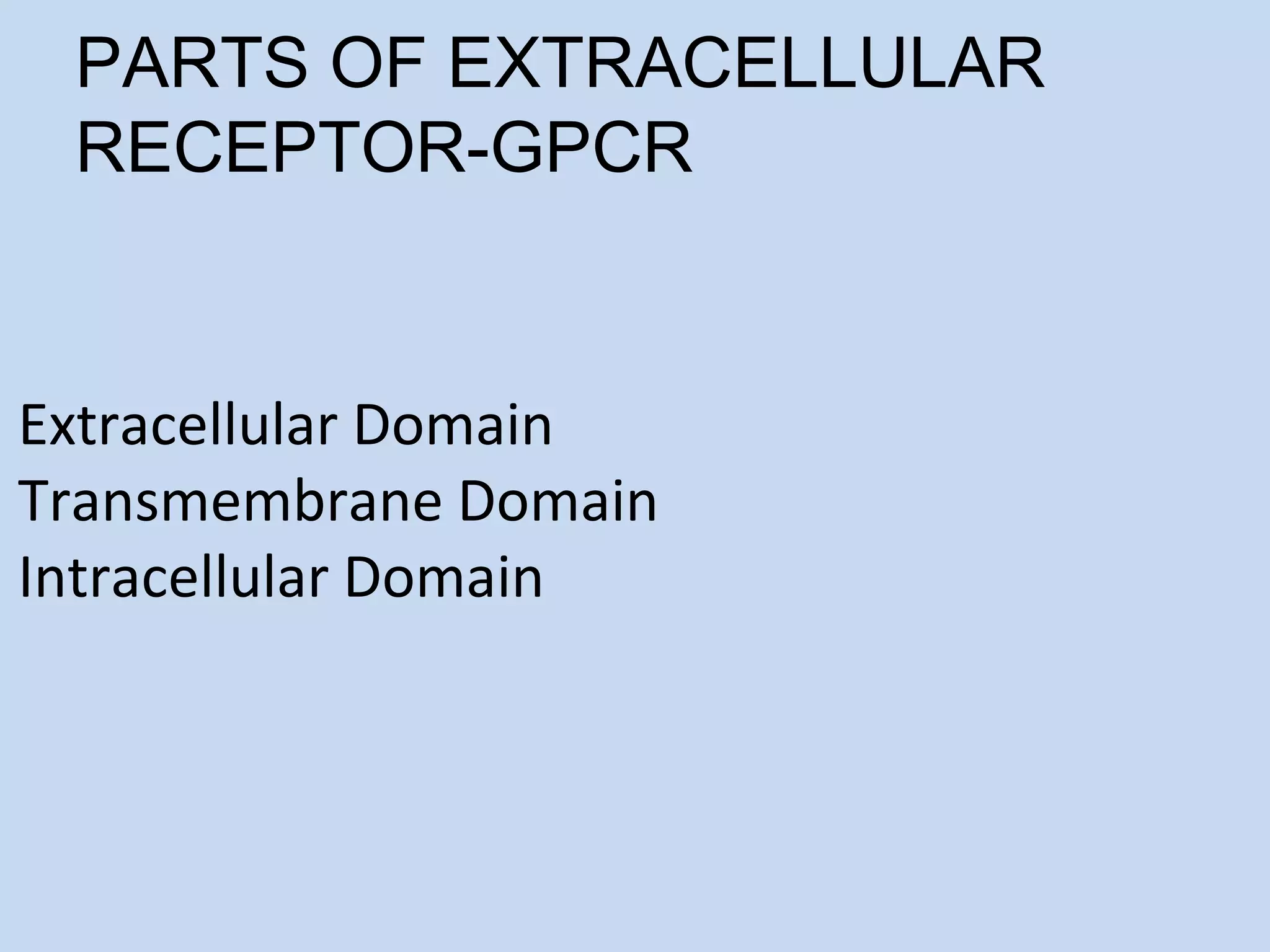 PARTS OF EXTRACELLULAR
RECEPTOR-GPCR
Extracellular Domain
Transmembrane Domain
Intracellular Domain
 