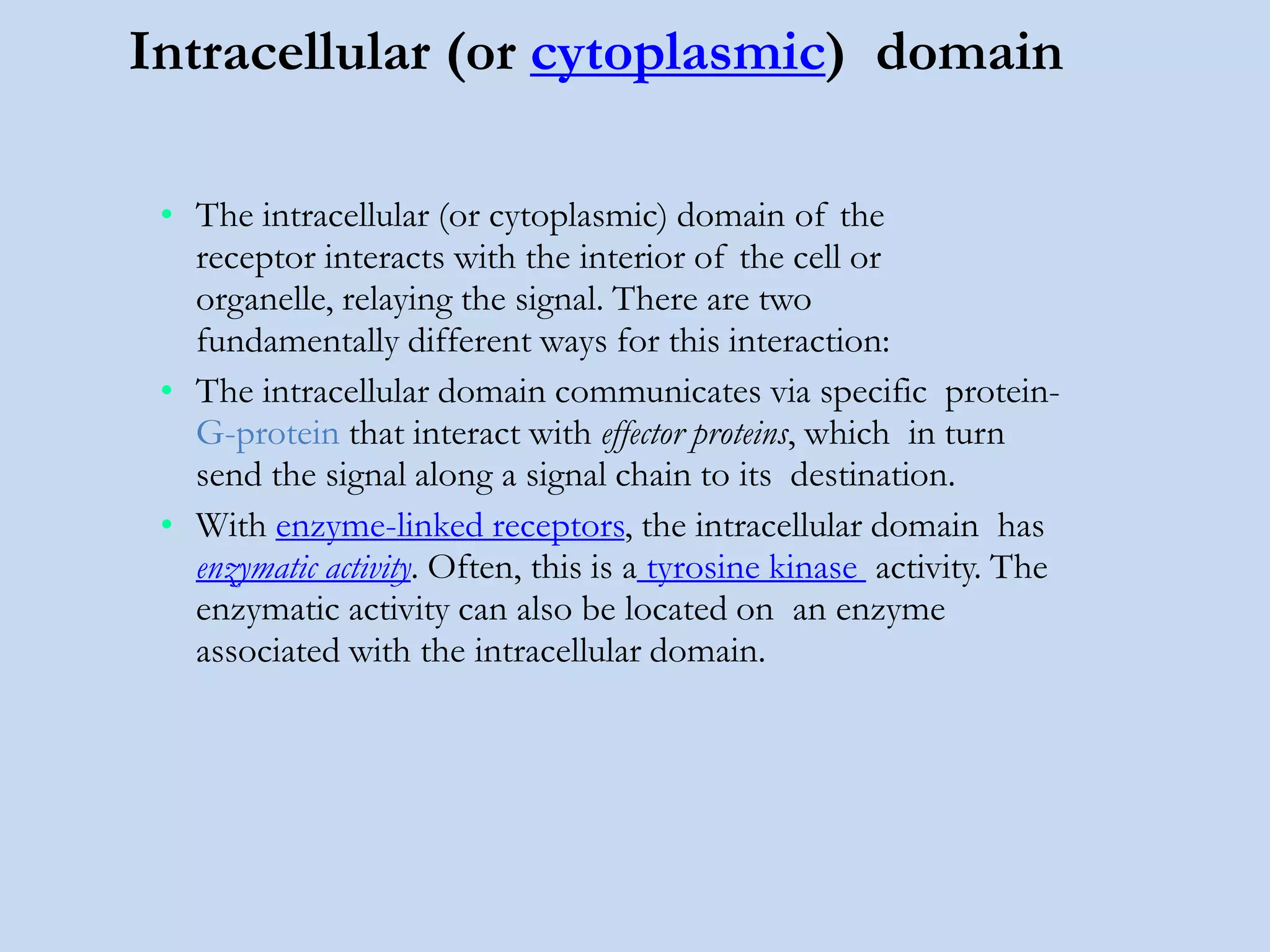Intracellular (or cytoplasmic) domain
• The intracellular (or cytoplasmic) domain of the
receptor interacts with the interior of the cell or
organelle, relaying the signal. There are two
fundamentally different ways for this interaction:
• The intracellular domain communicates via specific protein-
G-protein that interact with effector proteins, which in turn
send the signal along a signal chain to its destination.
• With enzyme-linked receptors, the intracellular domain has
enzymatic activity. Often, this is a tyrosine kinase activity. The
enzymatic activity can also be located on an enzyme
associated with the intracellular domain.
 