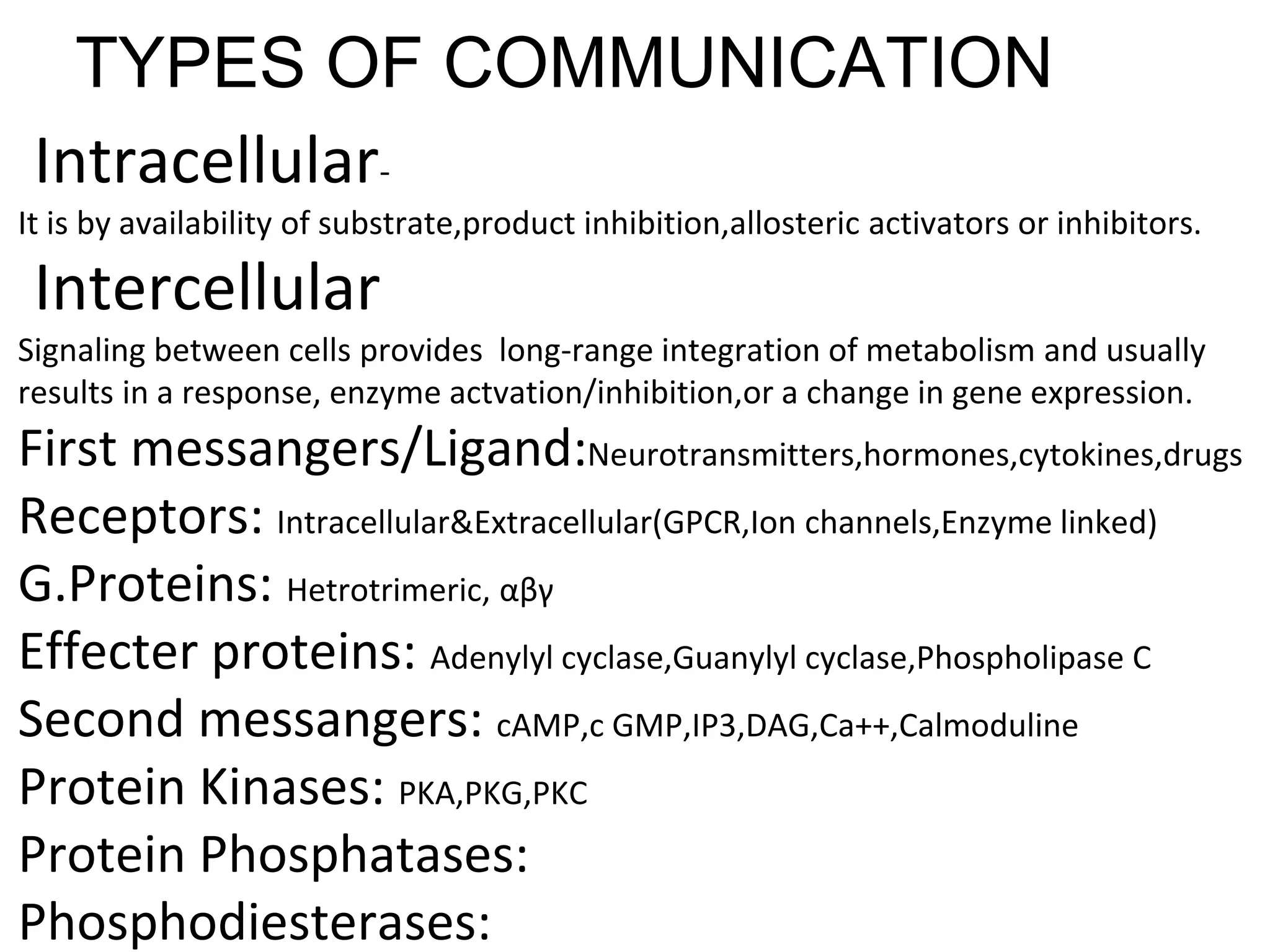 TYPES OF COMMUNICATION
Intracellular-
It is by availability of substrate,product inhibition,allosteric activators or inhibitors.
Intercellular
Signaling between cells provides long-range integration of metabolism and usually
results in a response, enzyme actvation/inhibition,or a change in gene expression.
First messangers/Ligand:Neurotransmitters,hormones,cytokines,drugs
Receptors: Intracellular&Extracellular(GPCR,Ion channels,Enzyme linked)
G.Proteins: Hetrotrimeric, αβγ
Effecter proteins: Adenylyl cyclase,Guanylyl cyclase,Phospholipase C
Second messangers: cAMP,c GMP,IP3,DAG,Ca++,Calmoduline
Protein Kinases: PKA,PKG,PKC
Protein Phosphatases:
Phosphodiesterases:
 