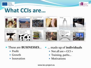 www.lec-project.eu
What CCIs are…
 These are BUSINESSES…
 Profit
 Growth
 Innovation
 … made up of individuals
 Not all are « CCI »
 Training, paths…
 Motivations
 