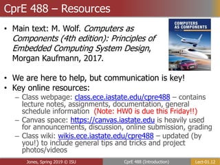 Lect-01.12
CprE 488 (Introduction)
Jones, Spring 2019 © ISU
CprE 488 – Resources
• We are here to help, but communication is key!
• Key online resources:
– Class webpage: class.ece.iastate.edu/cpre488 – contains
lecture notes, assignments, documentation, general
schedule information (Note: HW0 is due this Friday!!)
– Canvas space: https://canvas.iastate.edu is heavily used
for announcements, discussion, online submission, grading
– Class wiki: wikis.ece.iastate.edu/cpre488 – updated (by
you!) to include general tips and tricks and project
photos/videos
• Main text: M. Wolf. Computers as
Components (4th edition): Principles of
Embedded Computing System Design,
Morgan Kaufmann, 2017.
 