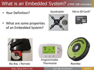 Lect-01.2
CprE 488 (Introduction)
Jones, Spring 2019 © ISU
What is an Embedded System? (CPRE 288 reminder)
• Your Definition?
• What are some properties
of an Embedded System?
Blu-Ray / Remote
Programmable
Thermostat Roomba
Micro SD Card?
Quadcopter
 