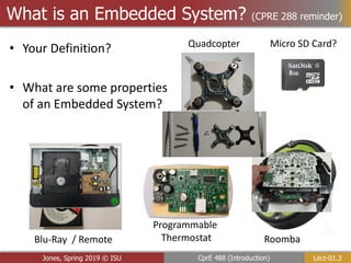 Lect-01.3
CprE 488 (Introduction)
Jones, Spring 2019 © ISU
What is an Embedded System? (CPRE 288 reminder)
• Your Definition?
• What are some properties
of an Embedded System?
Blu-Ray / Remote
Programmable
Thermostat Roomba
Micro SD Card?
Quadcopter
 