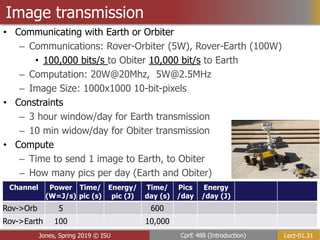 Lect-01.31
CprE 488 (Introduction)
Jones, Spring 2019 © ISU
Image transmission
• Communicating with Earth or Orbiter
– Communications: Rover-Orbiter (5W), Rover-Earth (100W)
• 100,000 bits/s to Obiter 10,000 bit/s to Earth
– Computation: 20W@20Mhz, 5W@2.5MHz
– Image Size: 1000x1000 10-bit-pixels
• Constraints
– 3 hour window/day for Earth transmission
– 10 min widow/day for Obiter transmission
• Compute
– Time to send 1 image to Earth, to Obiter
– How many pics per day (Earth and Obiter)
Channel Power
(W=J/s)
Time/
pic (s)
Energy/
pic (J)
Time/
day (s)
Pics
/day
Energy
/day (J)
Rov->Orb 5 600
Rov->Earth 100 10,000
 
